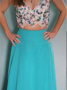 Rachel Allan Aqua 2 piece prom dress-Flowing Full-Length A-Line